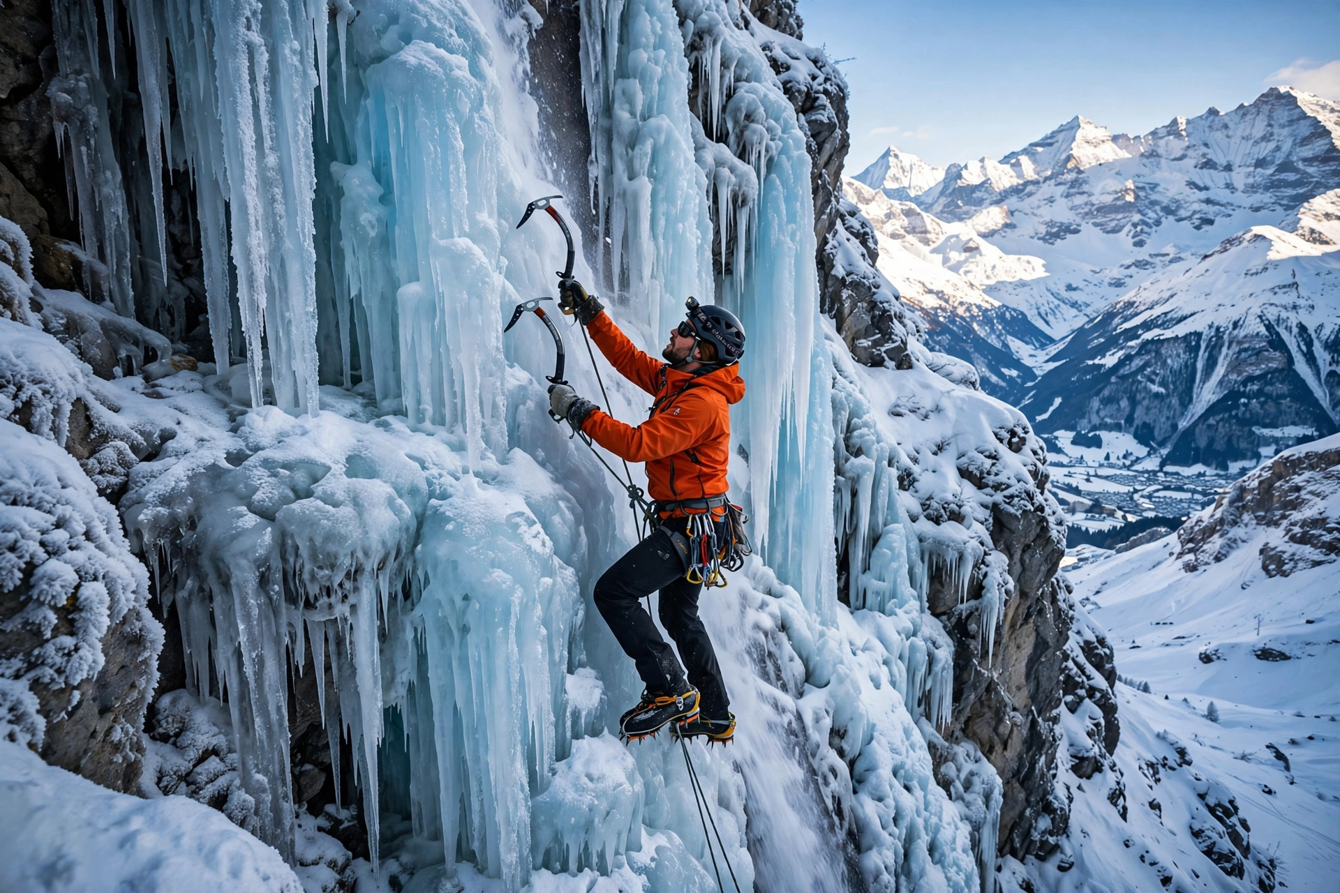 Ice climber ascending a frozen waterfall in the Swiss Alps