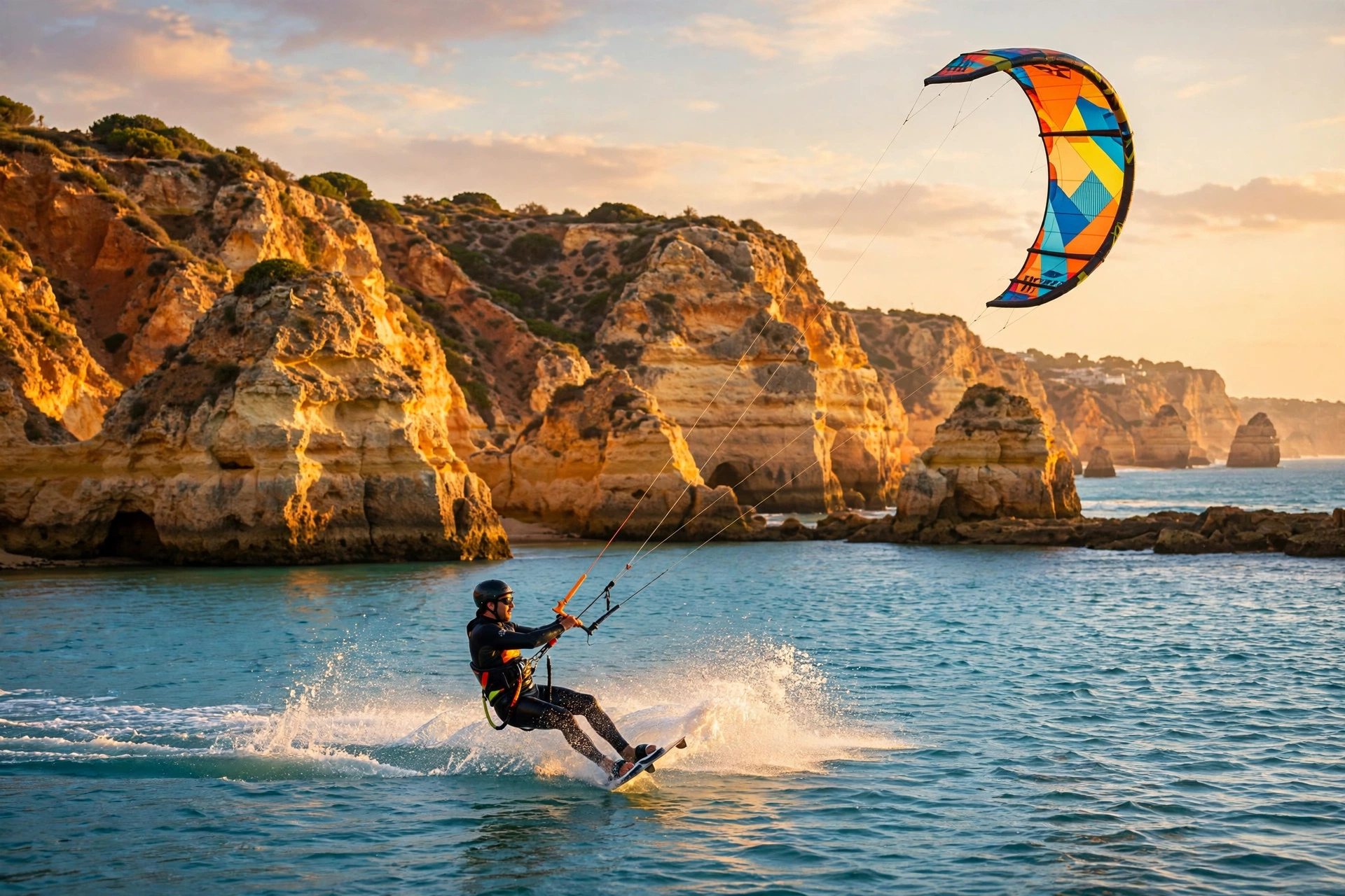 Kitesurfer gliding across a turquoise lagoon at golden hour