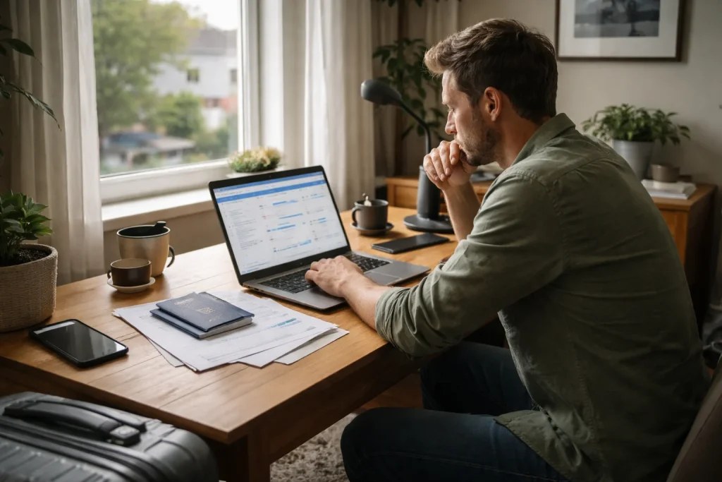 Traveller booking a trip on a laptop with passport beside